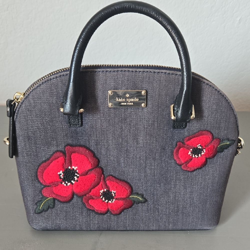 Kate Spade Black Satchel with Red Floral Embroidery